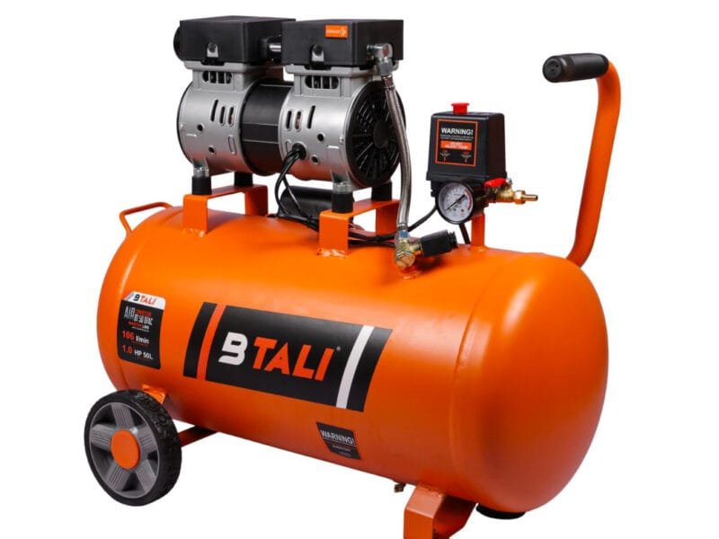 Compact Btali BT 50 1 HP oil free air compressor delivering clean air from a 50L tank for dental units and industrial workspaces.