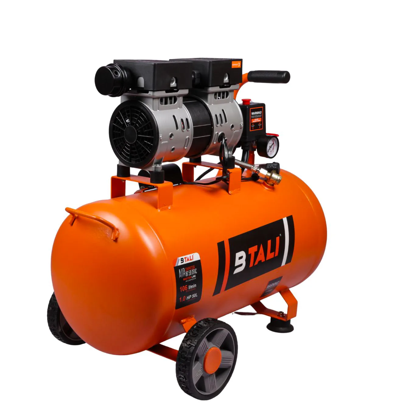 Btali BT 50 1 HP oil free air compressor featuring a 50L tank, designed for reliable industrial and dental applications.