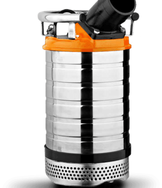 Heavy-duty submersible pump for dirty water preventing clogs in sewage and muddy water applications for industrial use.