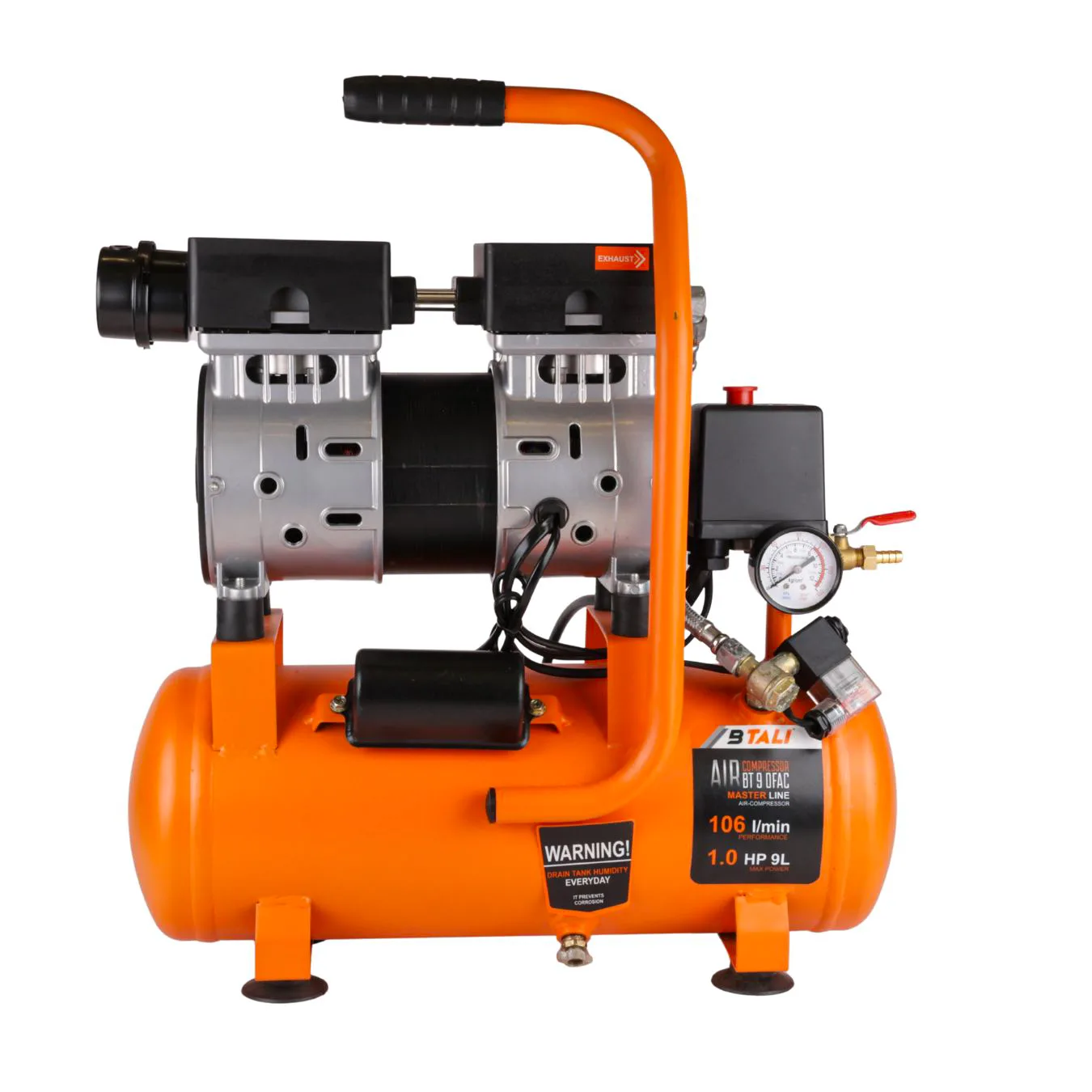 Reliable Professional Btali BT 09 1 HP oil free air compressor equipped with 9L tank for portable dental and industrial applications on the go.