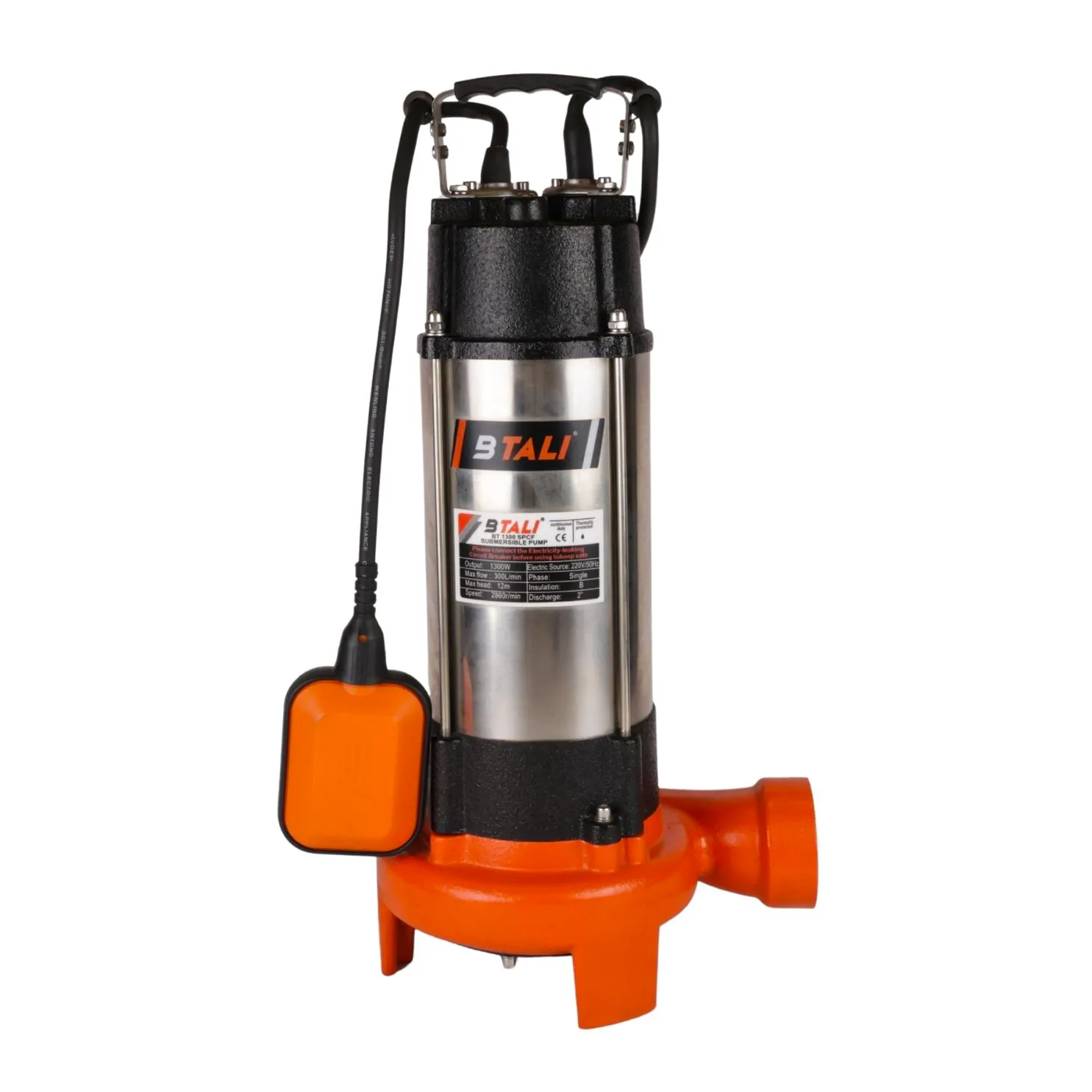 Btali BT-1300 2 HP submersible sewage pump with cutter blade and float switch for efficient wastewater management.