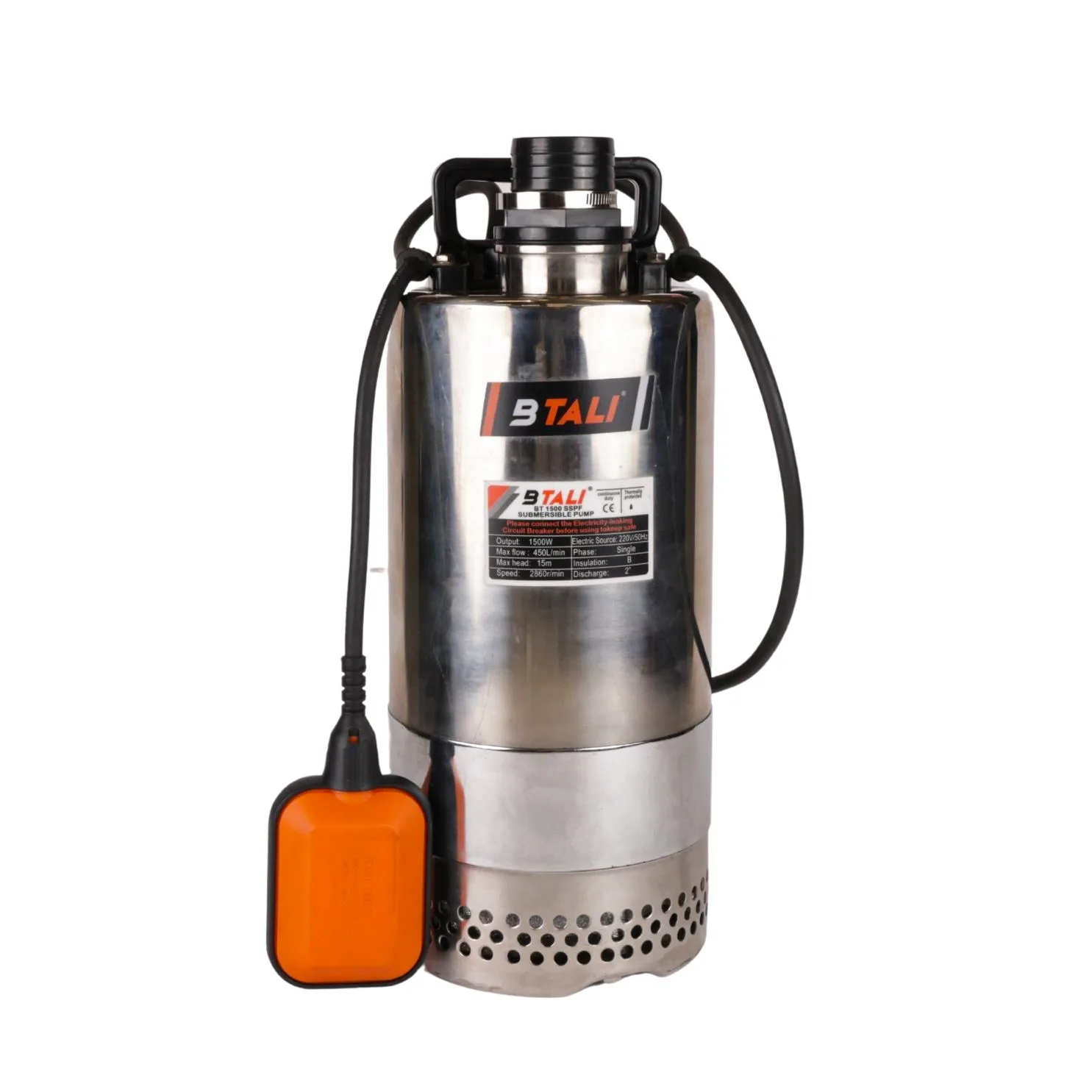 Btali BT-1500 2 HP single phase stainless steel submersible pump with float for efficient industrial water transfer.